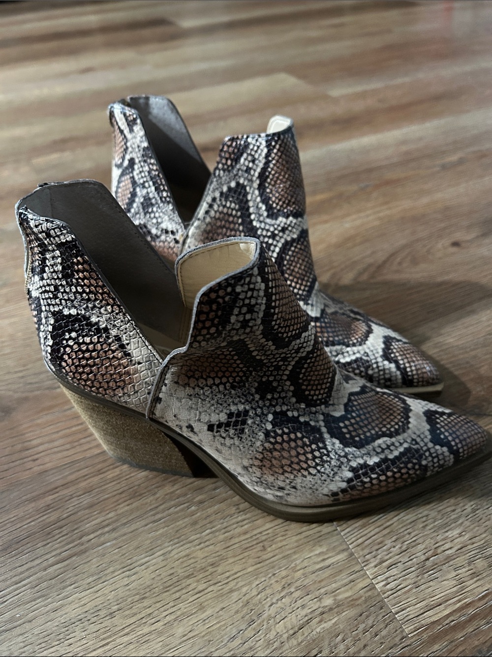 Vince Camuto Snake-Print Ankle Booties in Brown and Cream